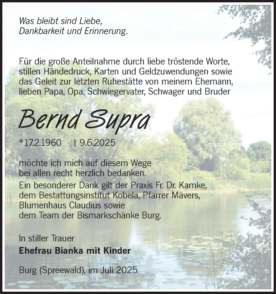  Traueranzeige für Bernd Supra vom 12.07.2025 aus Lausitzer Rundschau