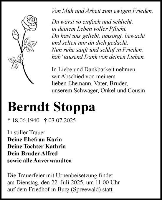 Traueranzeige von Berndt Stoppa von Lausitzer Rundschau
