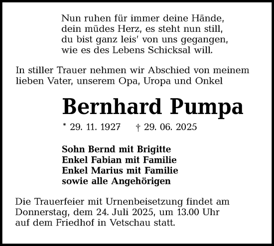Traueranzeige von Bernhard Pumpa von Lausitzer Rundschau