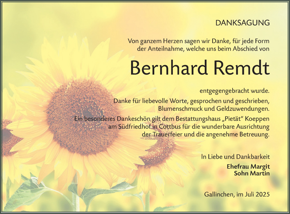  Traueranzeige für Bernhard Remdt vom 12.07.2025 aus Lausitzer Rundschau