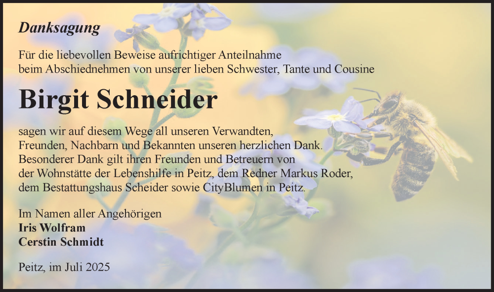  Traueranzeige für Birgit Schneider vom 19.07.2025 aus Lausitzer Rundschau
