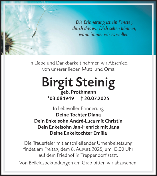 Traueranzeige von Birgit Steinig von Lausitzer Rundschau