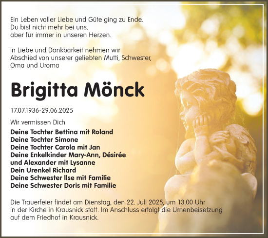 Traueranzeige von Brigitta Mönck von Lausitzer Rundschau