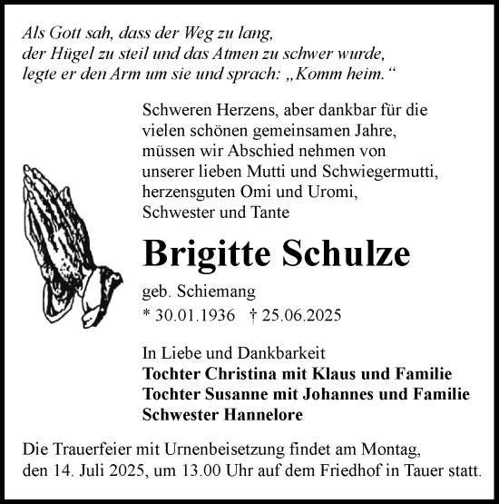 Traueranzeige von Brigitte Schulze von Lausitzer Rundschau