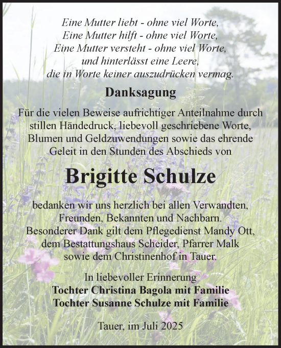 Traueranzeige von Brigitte Schulze von Lausitzer Rundschau