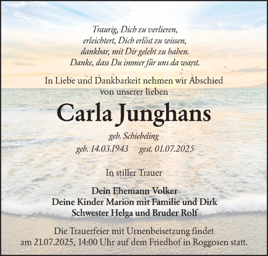 Traueranzeige von Carla Junghans von Lausitzer Rundschau