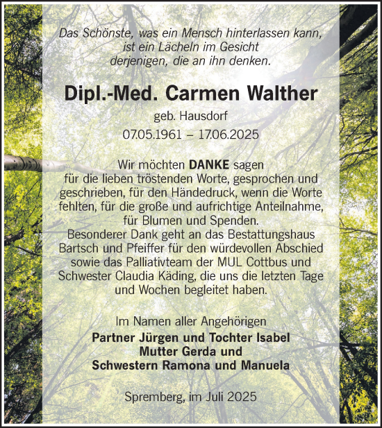 Traueranzeige von Carmen Walther von Lausitzer Rundschau