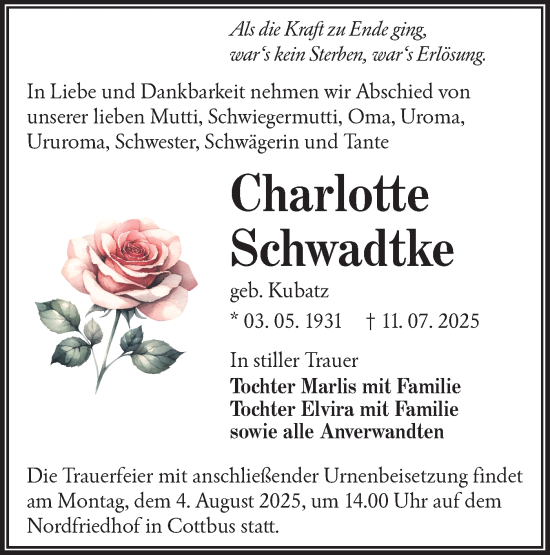 Traueranzeige von Charlotte Schwadtke von Lausitzer Rundschau