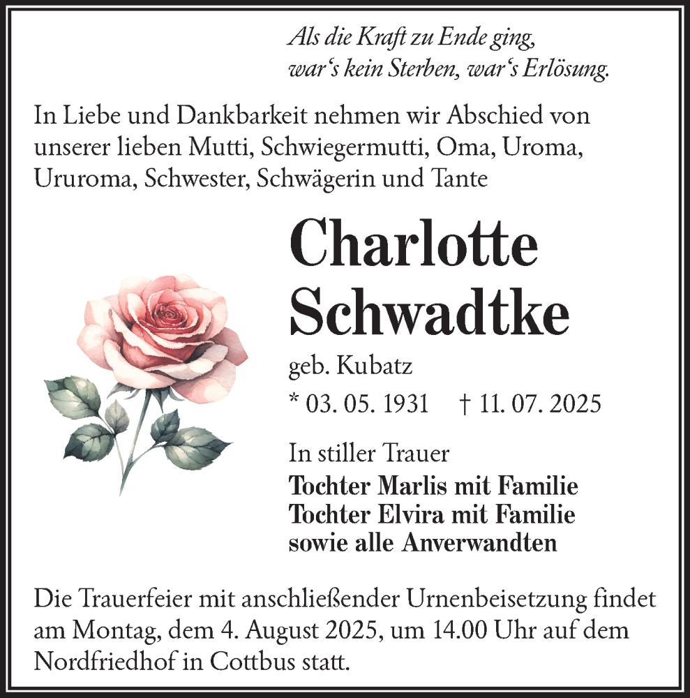  Traueranzeige für Charlotte Schwadtke vom 26.07.2025 aus Lausitzer Rundschau