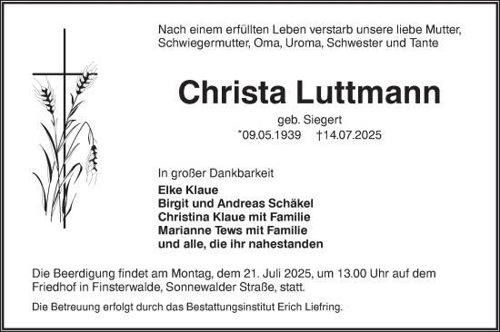 Traueranzeige von Christa Luttmann von Lausitzer Rundschau