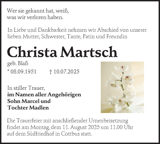 Traueranzeige von Christa Martsch von Lausitzer Rundschau