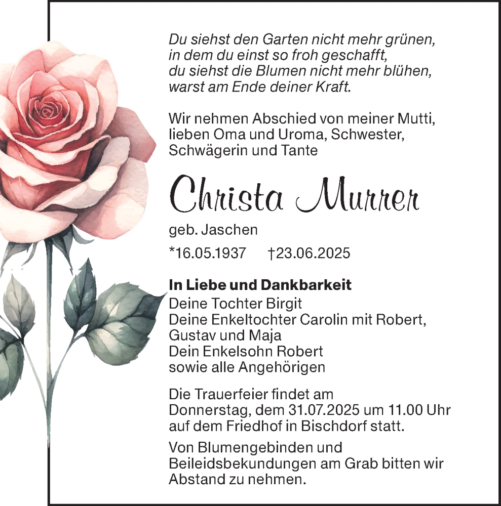  Traueranzeige für Christa Murrer vom 05.07.2025 aus Lausitzer Rundschau