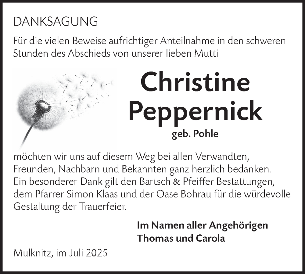  Traueranzeige für Christine Peppernick vom 05.07.2025 aus Lausitzer Rundschau
