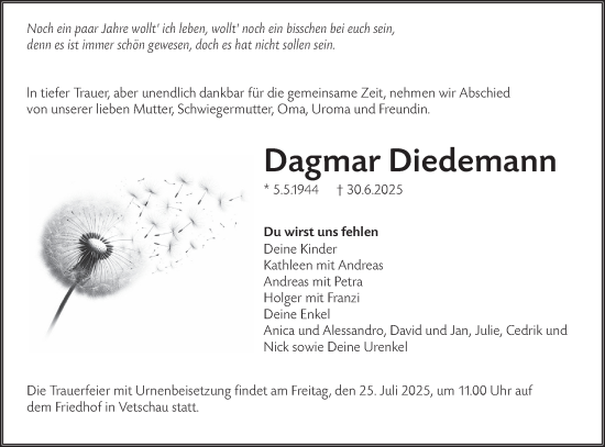 Traueranzeige von Dagmar Diedemann von Lausitzer Rundschau