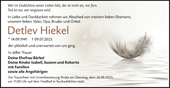 Traueranzeige von Detlev Hiekel von Lausitzer Rundschau