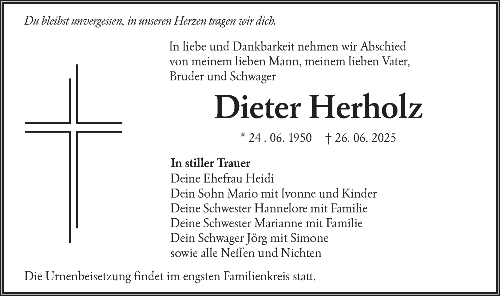  Traueranzeige für Dieter Herholz vom 05.07.2025 aus Lausitzer Rundschau