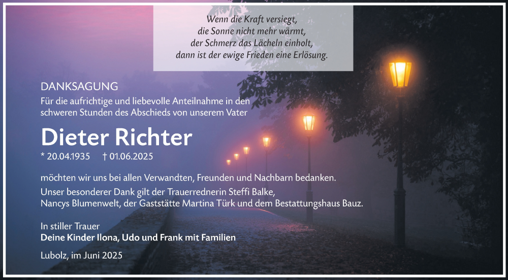  Traueranzeige für Dieter Richter vom 26.07.2025 aus Lausitzer Rundschau