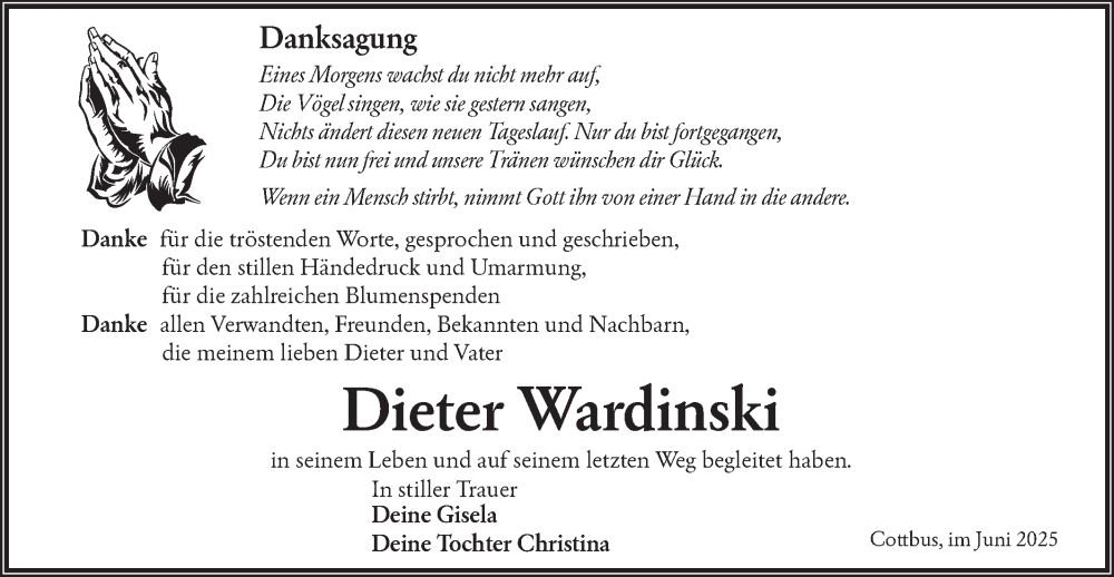  Traueranzeige für Dieter Wardinski vom 05.07.2025 aus Lausitzer Rundschau