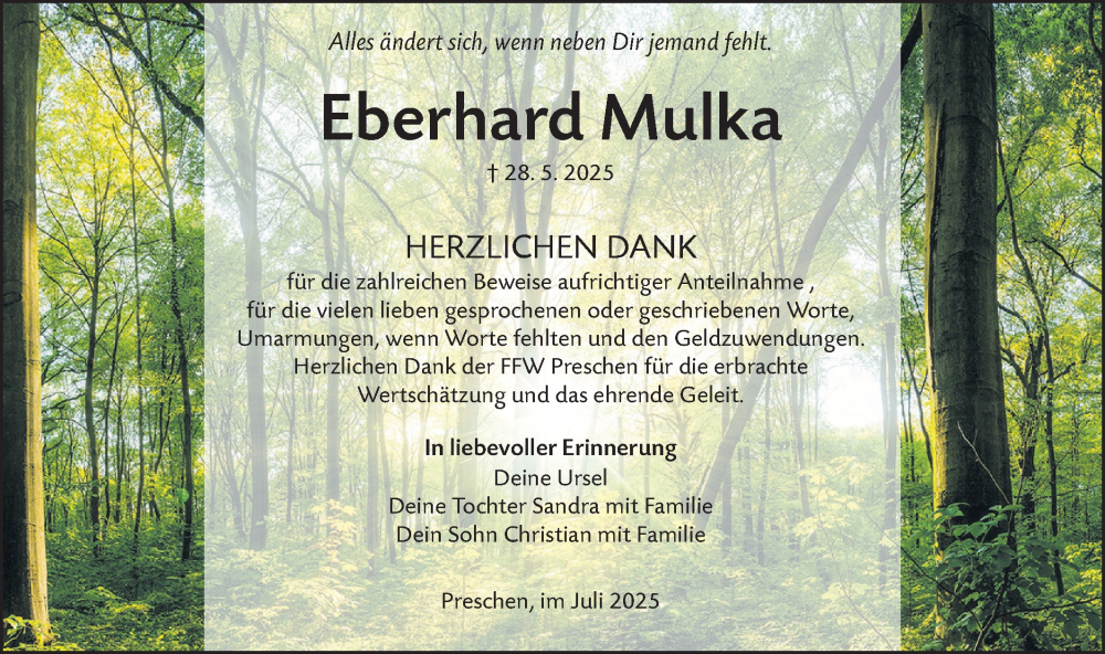  Traueranzeige für Eberhard Mulka vom 05.07.2025 aus Lausitzer Rundschau