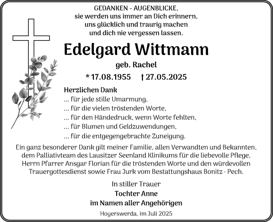 Traueranzeige von Edelgard Wittmann von Lausitzer Rundschau