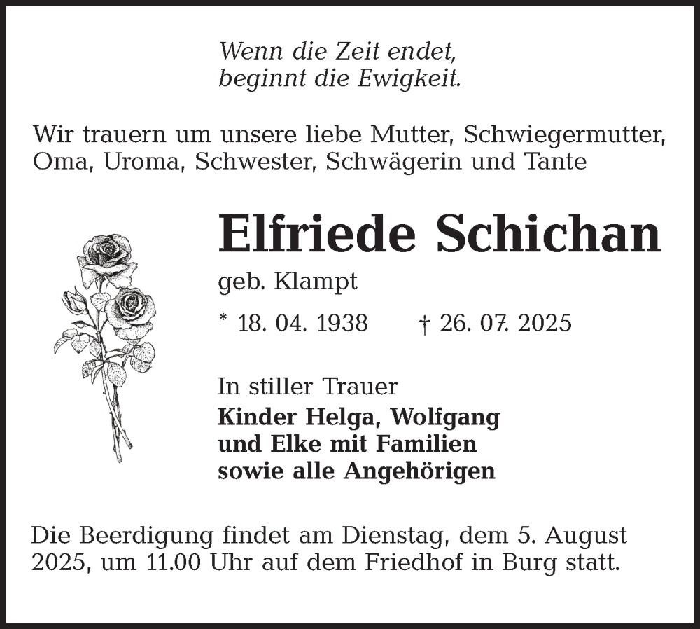  Traueranzeige für Elfriede Schichan vom 31.07.2025 aus Lausitzer Rundschau