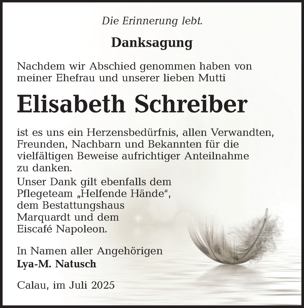  Traueranzeige für Elisabeth Schreiber vom 19.07.2025 aus Lausitzer Rundschau