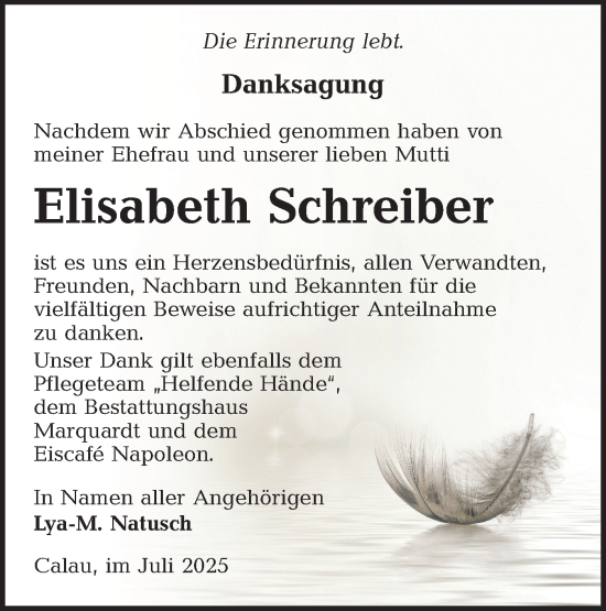 Traueranzeige von Elisabeth Schreiber von Lausitzer Rundschau