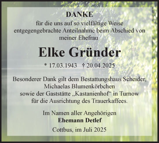 Traueranzeige von Elke Gründer von Lausitzer Rundschau