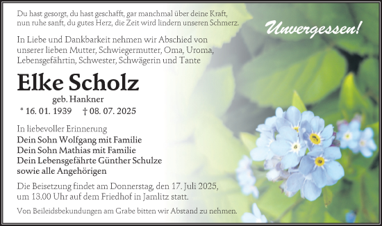 Traueranzeige von Elke Scholz von Lausitzer Rundschau