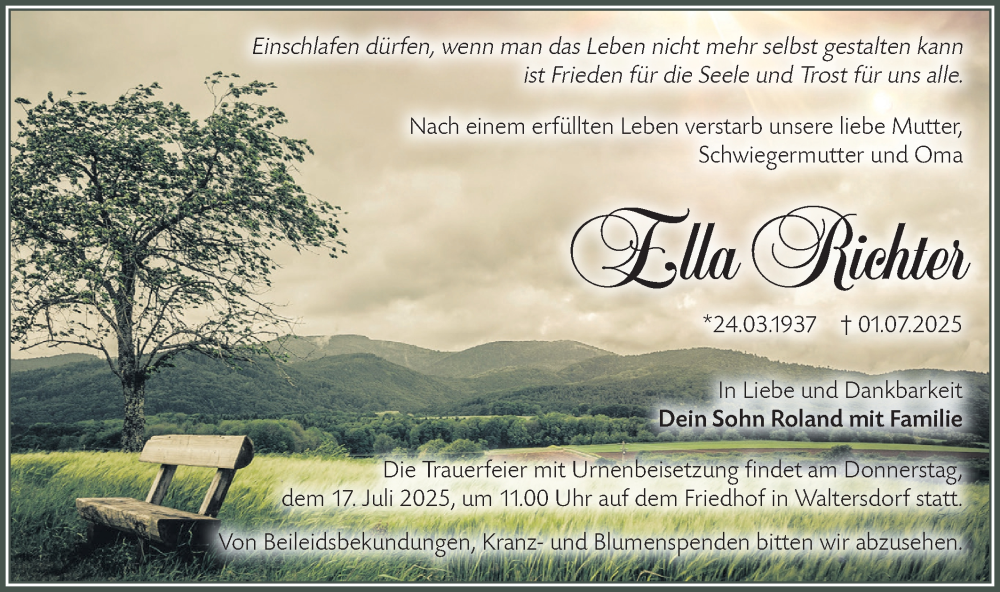  Traueranzeige für Ella Richter vom 12.07.2025 aus Lausitzer Rundschau