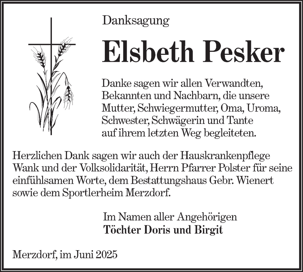  Traueranzeige für Elsbeth Pesker vom 05.07.2025 aus Lausitzer Rundschau