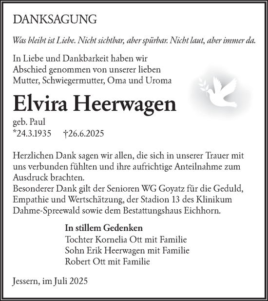 Traueranzeige von Elvira Heerwagen von Lausitzer Rundschau