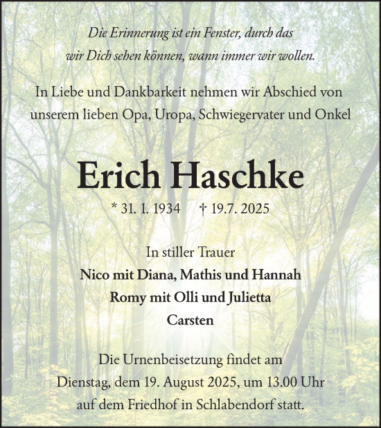 Traueranzeige von Erich Haschke von Lausitzer Rundschau