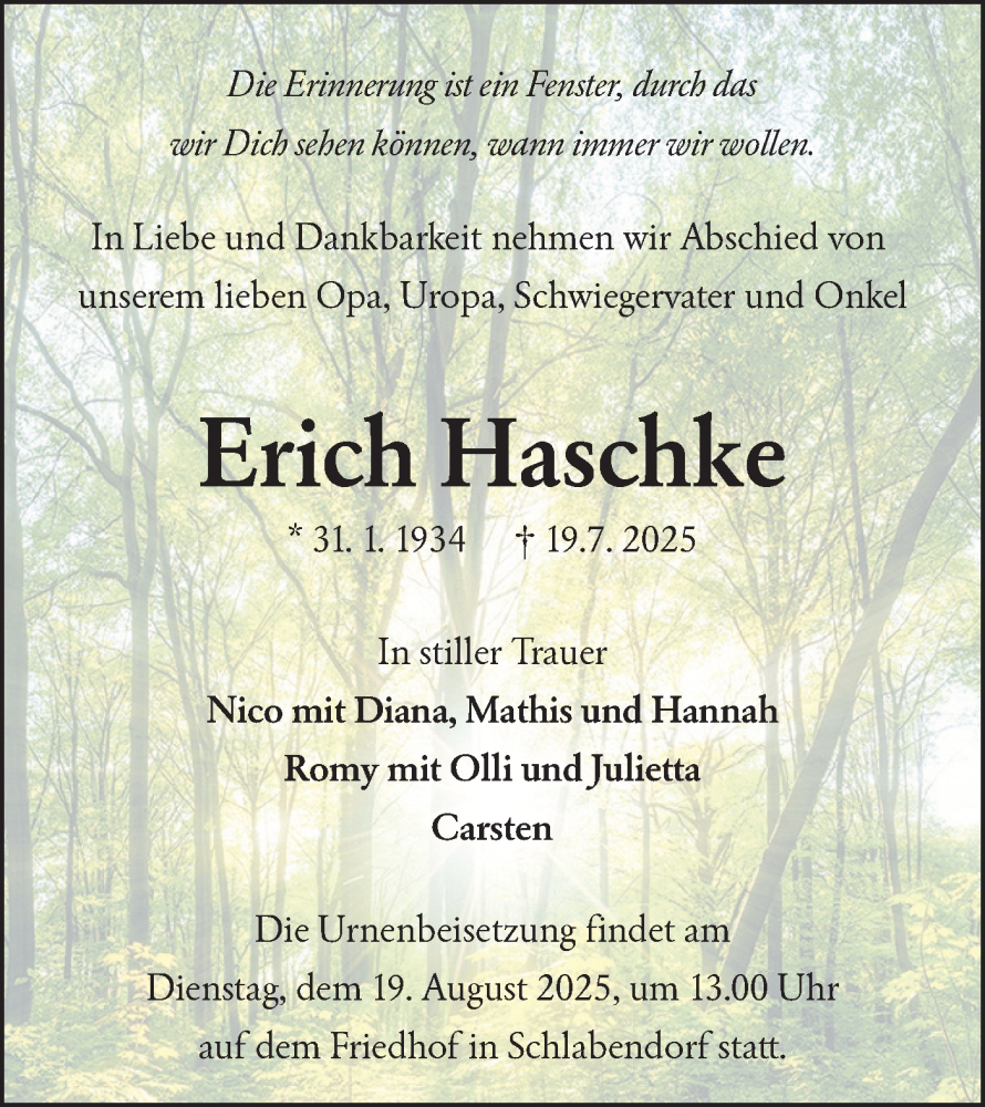  Traueranzeige für Erich Haschke vom 26.07.2025 aus Lausitzer Rundschau