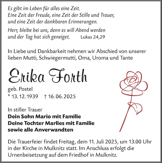 Traueranzeige von Erika Forth von Lausitzer Rundschau