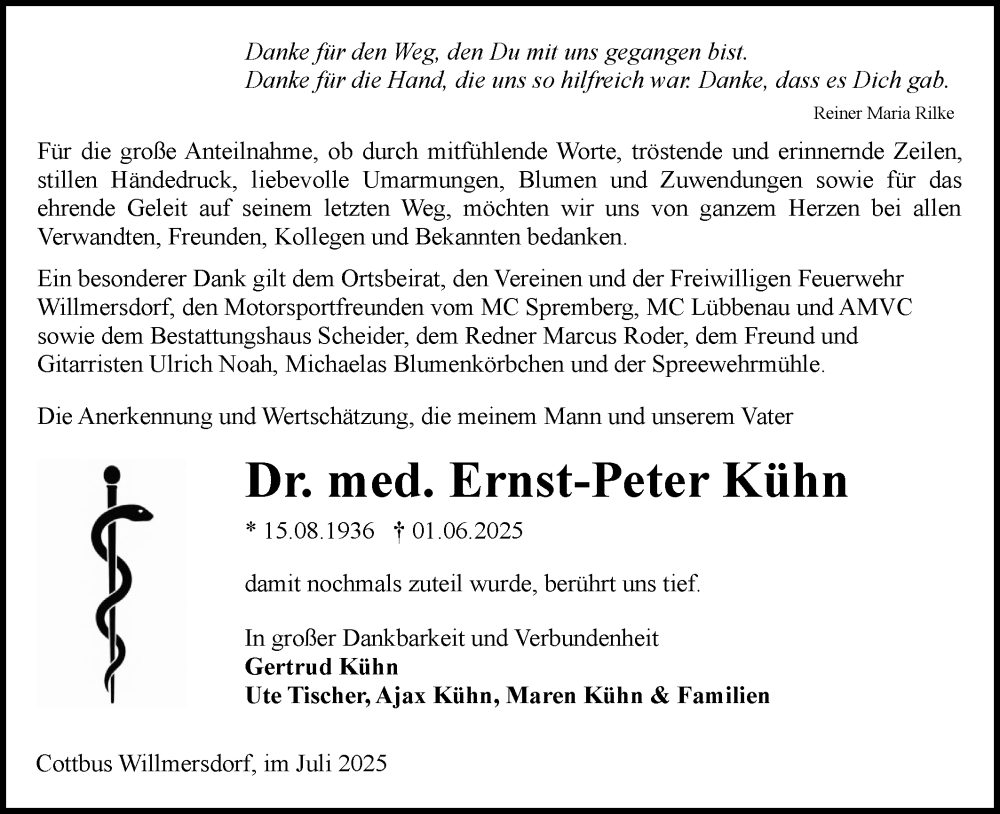  Traueranzeige für Ernst-Peter Kühn vom 12.07.2025 aus Lausitzer Rundschau
