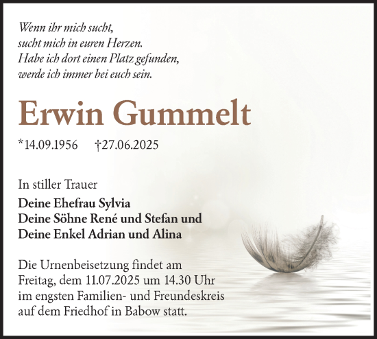 Traueranzeige von Erwin Gummelt von Lausitzer Rundschau