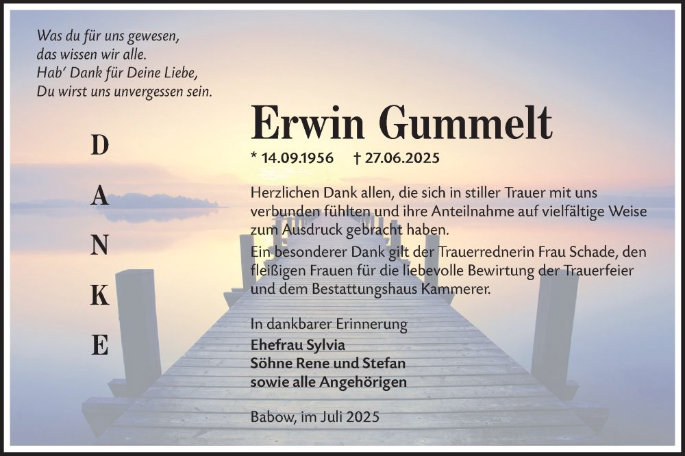  Traueranzeige für Erwin Gummelt vom 26.07.2025 aus Lausitzer Rundschau