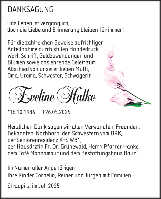 Traueranzeige von Eveline Halko von Lausitzer Rundschau
