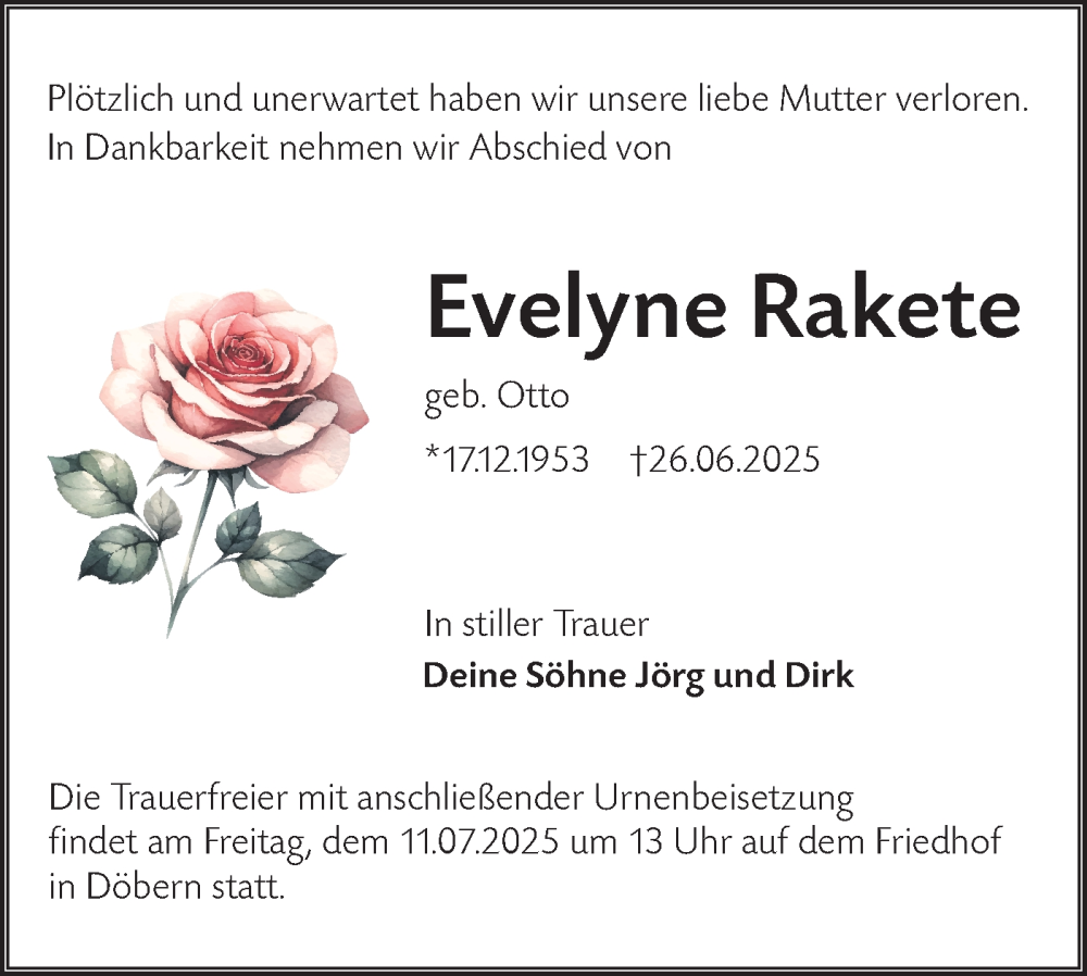  Traueranzeige für Evelyne Rakete vom 05.07.2025 aus Lausitzer Rundschau