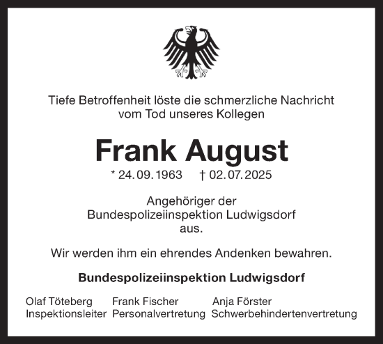 Traueranzeige von Frank August von Lausitzer Rundschau