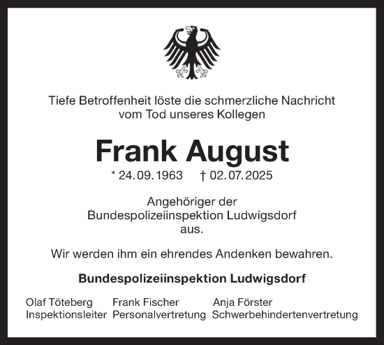 Traueranzeige von Frank August von Lausitzer Rundschau
