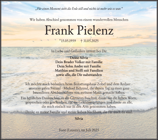Traueranzeige von Frank Pielenz von Lausitzer Rundschau
