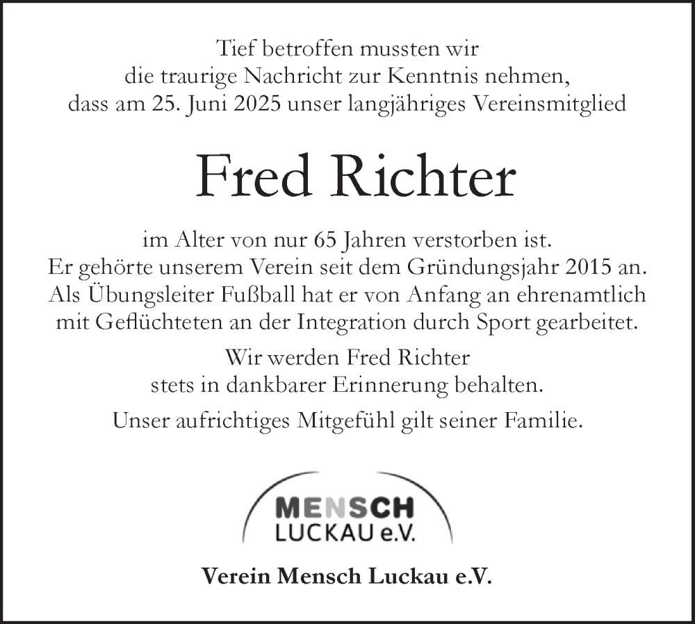  Traueranzeige für Fred Richter vom 03.07.2025 aus Lausitzer Rundschau