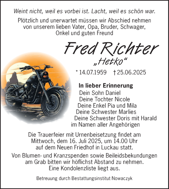 Traueranzeige von Fred Richter von Lausitzer Rundschau