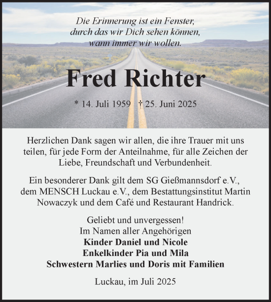 Traueranzeige von Fred Richter von Lausitzer Rundschau