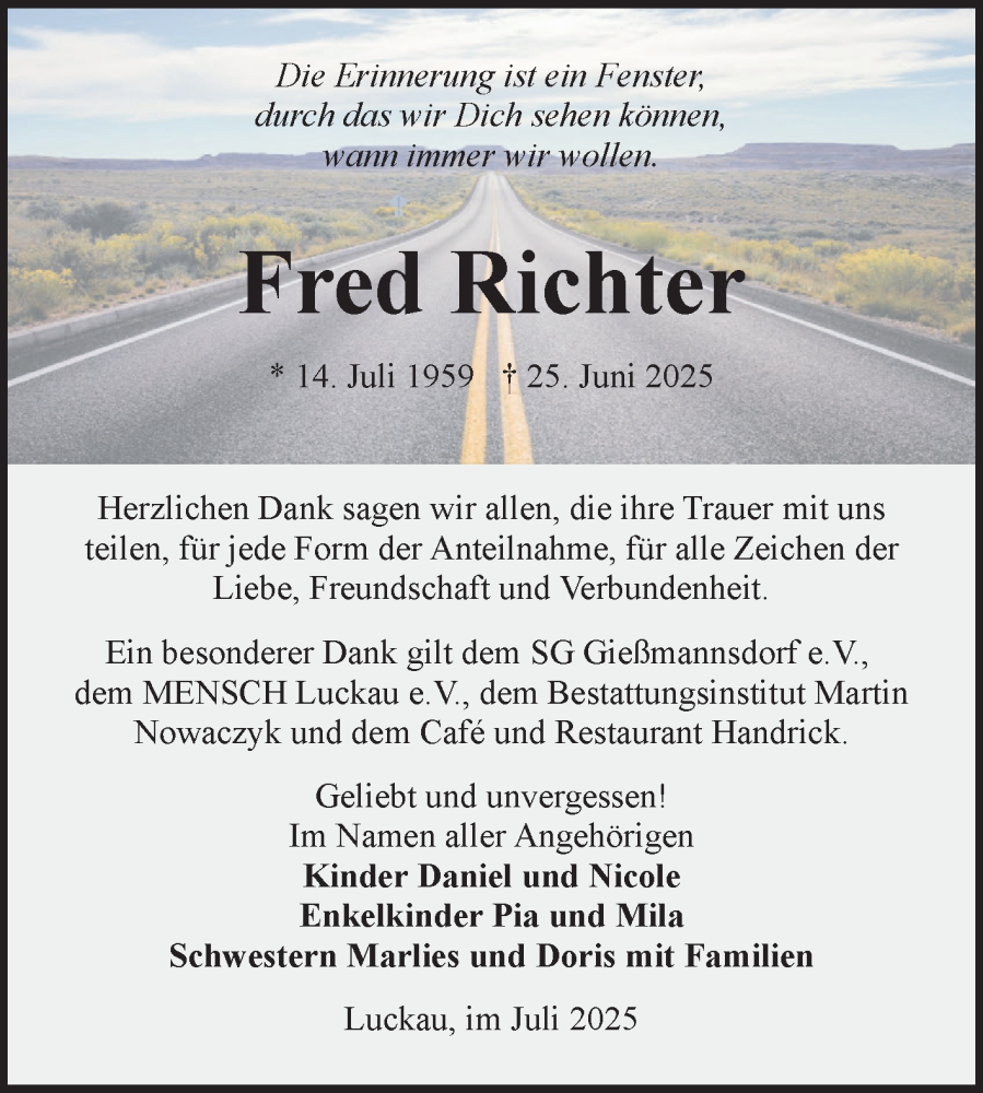  Traueranzeige für Fred Richter vom 26.07.2025 aus Lausitzer Rundschau