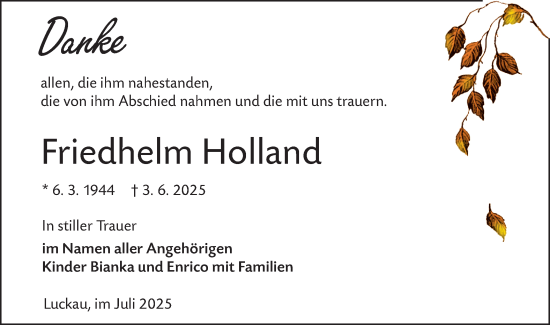 Traueranzeige von Friedhelm Holland von Lausitzer Rundschau