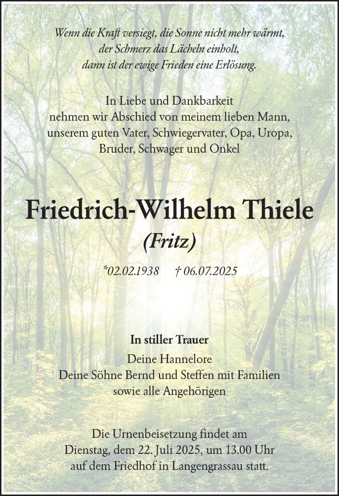  Traueranzeige für Friedrich-Wilhelm Thiele vom 12.07.2025 aus Lausitzer Rundschau