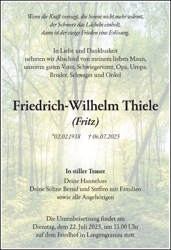 Traueranzeige von Friedrich-Wilhelm Thiele von Lausitzer Rundschau